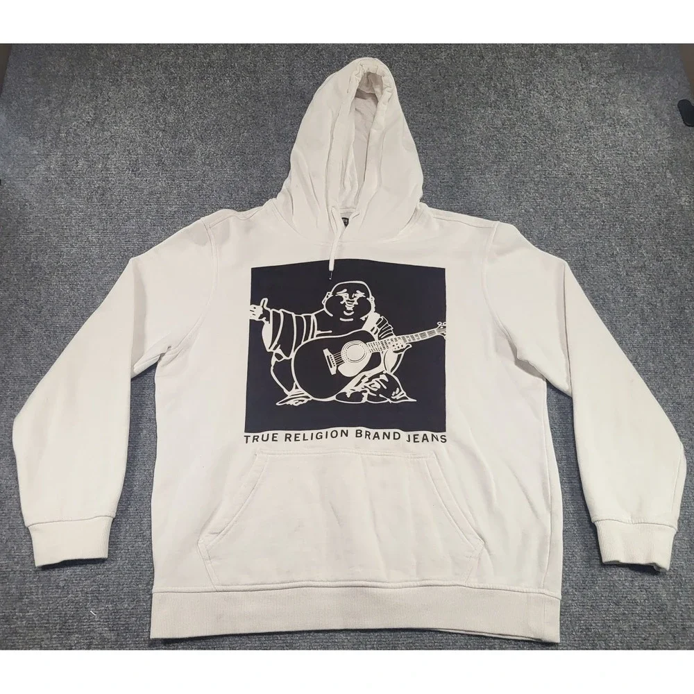 True Religion Men's White Logo Pullover Over Box Hoodie Size Large